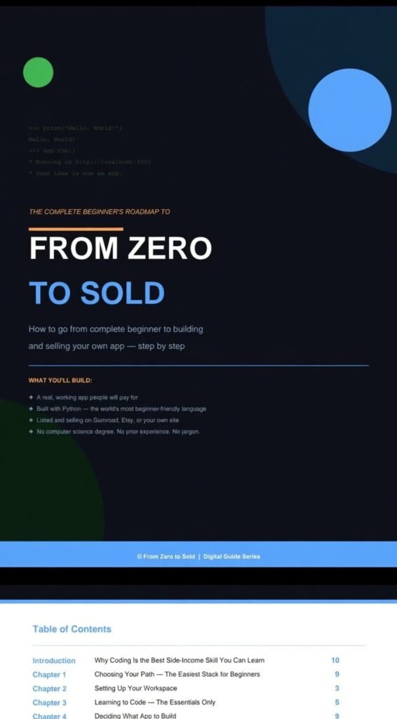 Cover and table of contents for the digital guide “From Zero to Sold.” Dark navy background with soft green and blue circular shapes and faint Python code snippets. Large title “FROM ZERO TO SOLD” in white and blue, with the subtitle “How to go from complete beginner to building and selling your own app — step by step.” A “What You’ll Build” list highlights creating a real paid Python app with no prior experience required. Light-colored table of contents below lists the Introduction and Chapters 1–4 with page numbers